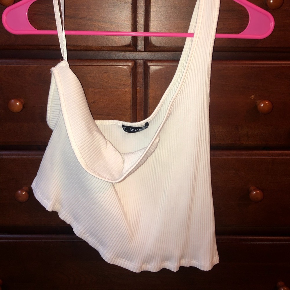 White crop top, with one shoulder